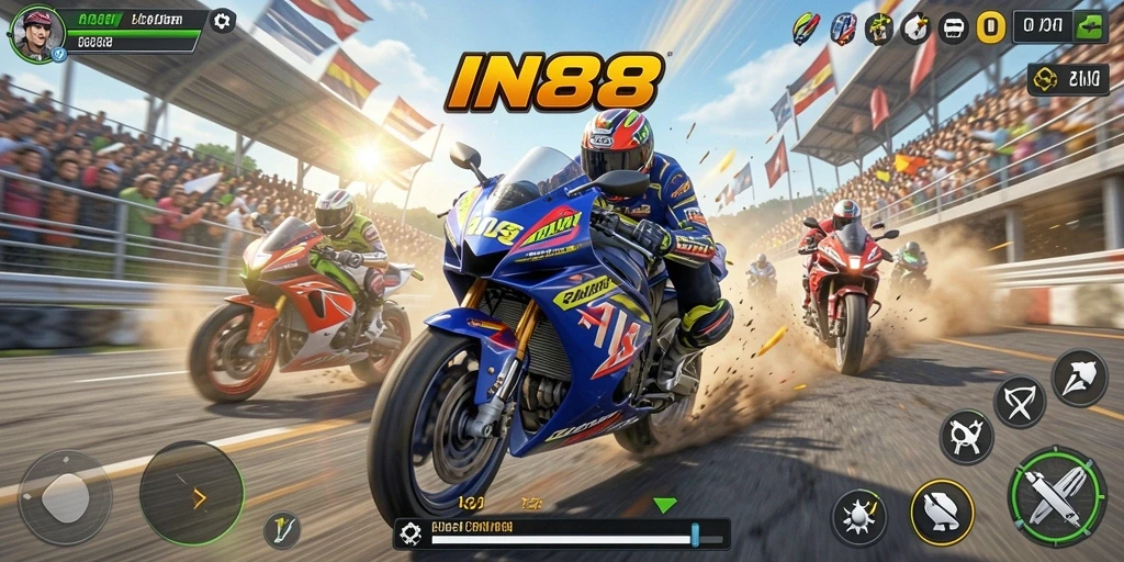 Screenshot utama IN88 menampilkan aksi balapan motor yang mendebarkan.