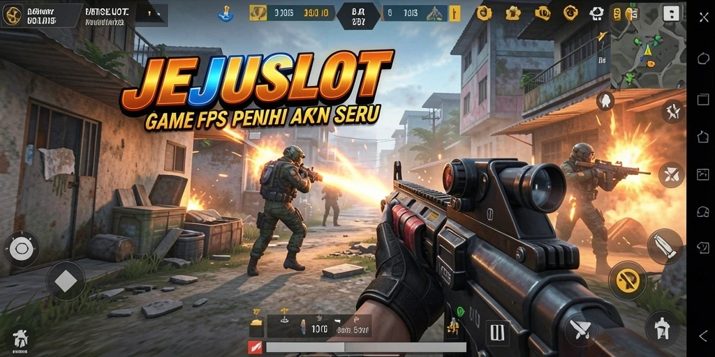 Screenshot tampilan utama game JEJUSLOT dengan aksi tembak-menembak intens.