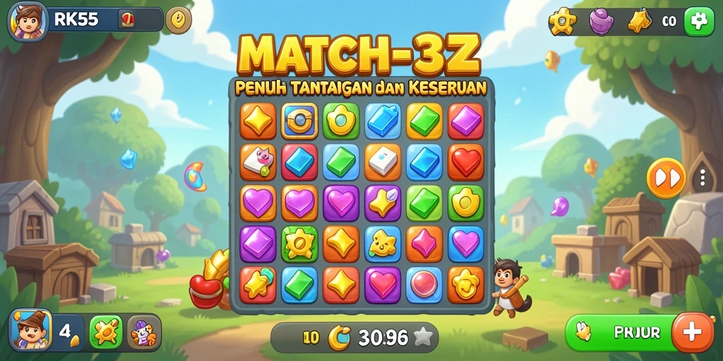 Tampilan gameplay RK55 yang menarik dengan berbagai kombinasi Match-3.