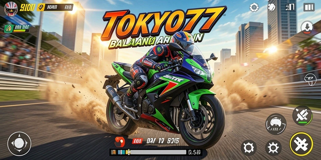 Gameplay TOKYO77 menunjukkan aksi balapan motor yang mendebarkan.